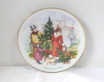 Piatto di Natale AVON del 1990, Porta il Natale a casa, con scatola, finiture in oro 22 carati, diametro 8 pollici, non adatto al consumo alimentare