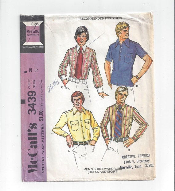 McCall's 3439 Pattern for Men's Dress Shirt Wardrobe, Size 38, Neck 15, From 1972, For Knits, Home Sewing Pattern, Vintage Pattern