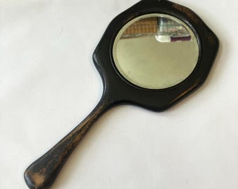 Wood Beveled Hand Mirror, Vintage 1940s, Distressed Look, 10 Inches Long