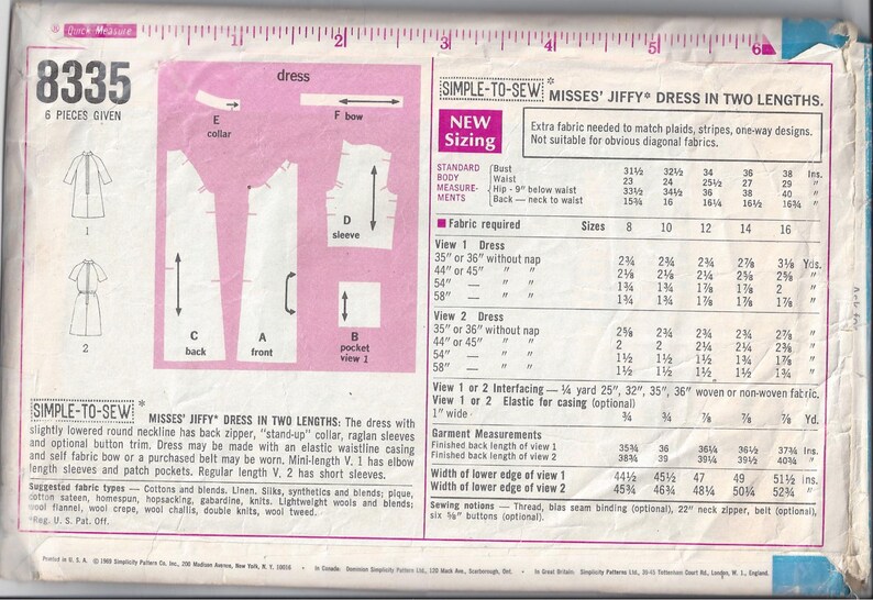 Simplicity 8335 Pattern for Misses' Jiffy Dress in 2 Lengths, Size 12, From 1969, Home Sewing Pattern, Vintage Pattern, 1969 Fashion Sewing image 2