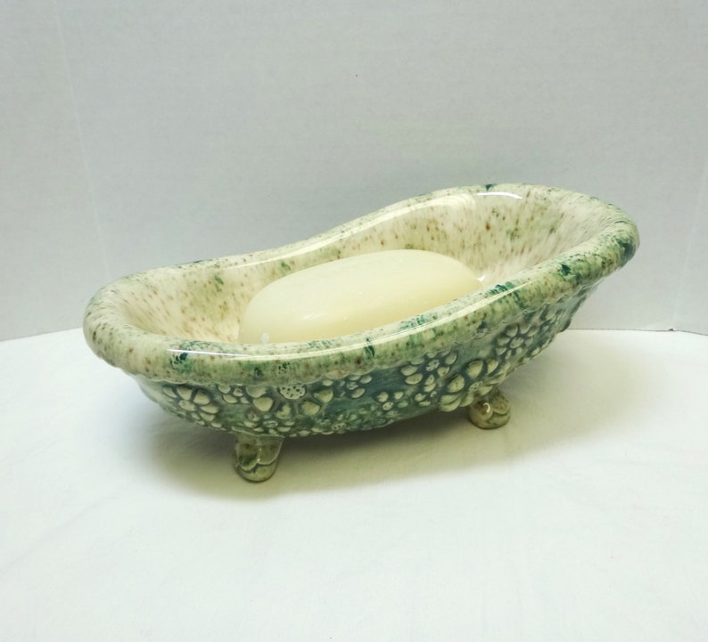 1981 Ceramic Bathtub Soap Dish With Yardley Bath Bar Claw Foot Tub Green Glaze Flowers 8 Inches Long Signed Ceramics