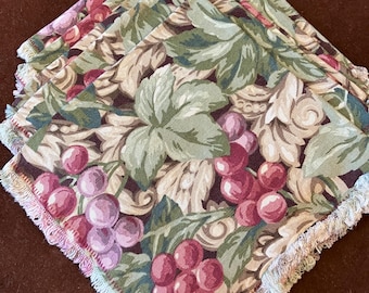 5 dinerservetten met druiven, geweven bladerenpatroon, 17 inch, vierkant, franje, upcycle