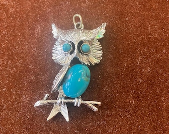 Vintage Owl Pendant with Faux Turquoise Beads, 2.25" Tall, Wildlife Theme