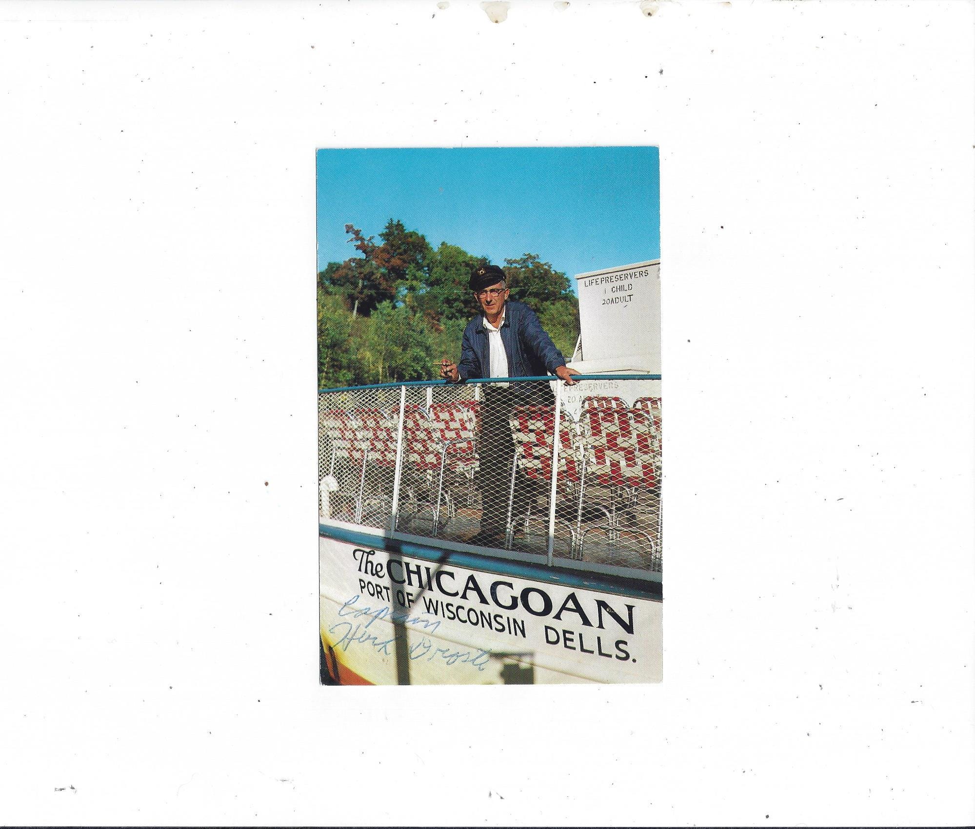1960s Autographed Postcard of Captain Herb Groste, Pilot of the Chicagoan, Port of Wisconsin Dells, Unposted, Recreation Boating, Upcycle