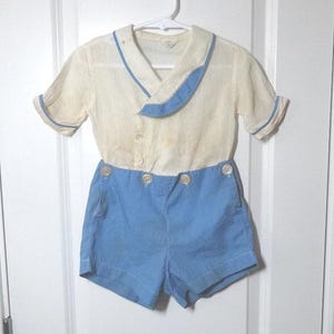 1940s Boy&#39;s Short Sailor Suit in Cotton, Blue & White 2-Piece by Little Master, Embroidery, Piping Detail, Natural Shell Buttons, Vintage
