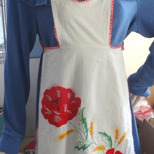 Vintage Hand Made Bib Kitchen Apron with Appliques & Edge Embroidery, Pocket, All Cotton, 25 In. Long, Button Cross Straps, Upcycle Supply