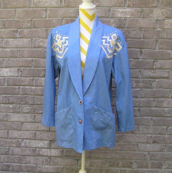 1980s Vintage City Girl by Nancy Bolen Light Denim Blazer or Jacket With  Heavy Gold Embroidery & Jeweled Embellishment, Size Large, Cotton -   Canada
