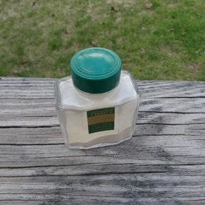 1950s Emeraude by Coty Powder Sachet in Glass Bottle with Green Cap, 1.75 Oz., About 1/4 Full Content, Compounded in USA, Vintage Vanity