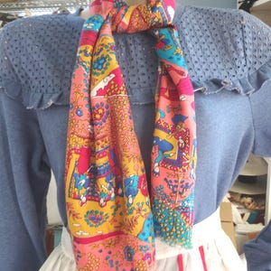 Doro Silk Tie Scarf from Italy, 14 x 52 In. Oriental or Middle East Theme, Multi Colored with Fringe, Vintage, Upcycle Fashion Supply Gift