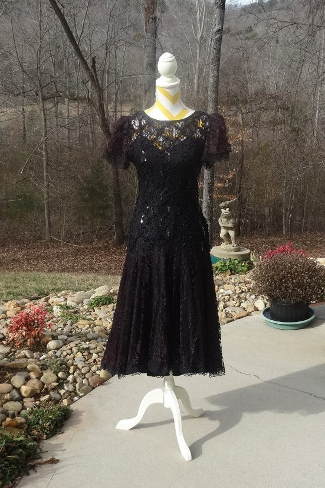 1990s or Earlier Black & Purple Lace Dress With Sequins and Ribbon  Embellishment by HW Collections, Size 5-6, Vintage Clothing, Lace Dress 