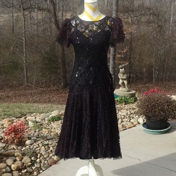 1990s or Earlier Black & Purple Lace Dress with Sequins and Ribbon Embellishment by HW Collections, Size 5-6, Vintage Clothing, Lace Dress