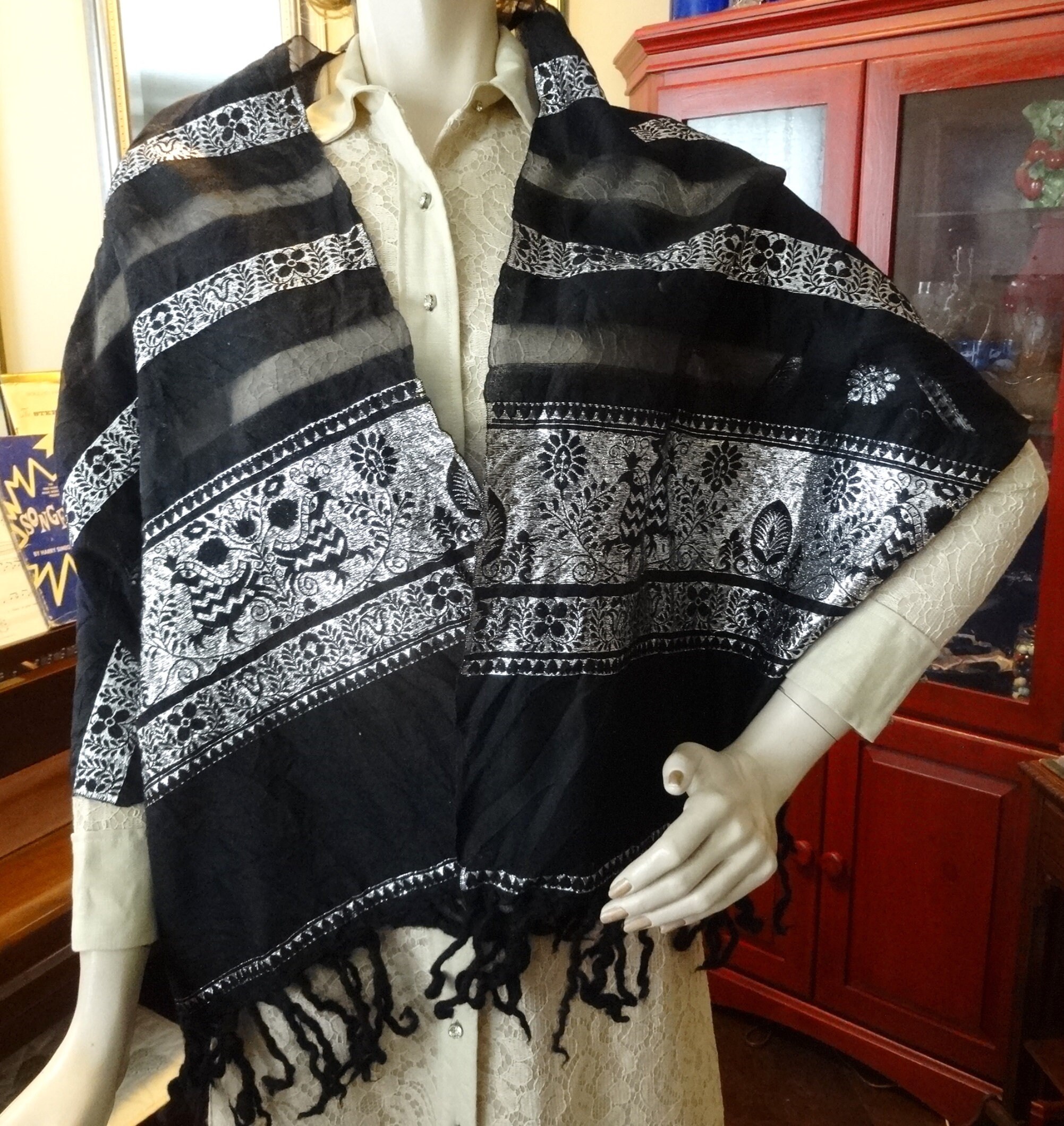 1980s Black and Silver Metallic Embroidered Shawl or Scarf, 66 X