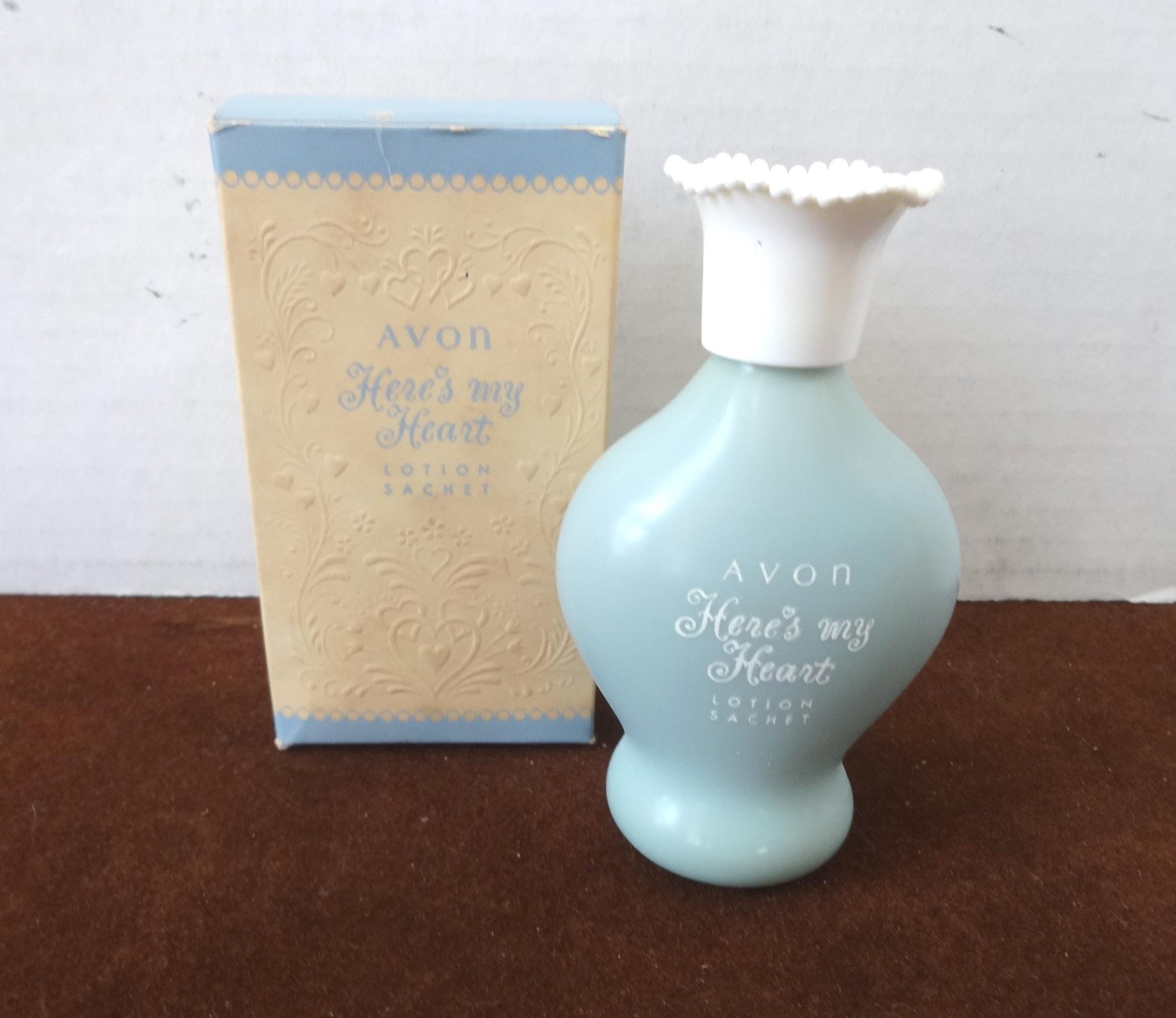 1956-61 AVON Here's My Heart Lotion Sachet with Box, Held Some  Content, Vinyl Clad Glass Bottle, White Cap, Fragrance Upcycle