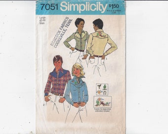 Simplicity 7051 Pattern for Men's Western Style Shirt with Transfers, Size Large 42-44, From 1975, Home Fashion Sewing, Upcycle Pattern