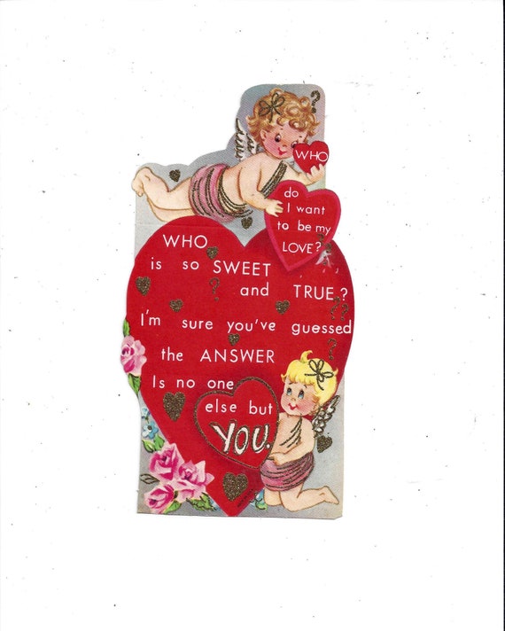 1950s School Valentine Card With Glitter, Unsigned, Vintage Greeting,  Angels and Hearts, One Side, Paper Ephemera 