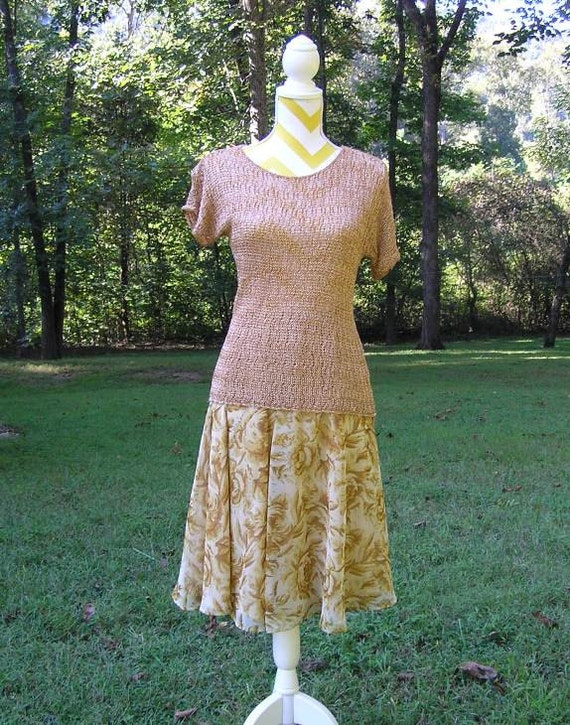 1980s Vintage Gold & Tan 3 Piece Dress, Flowing R… - image 4
