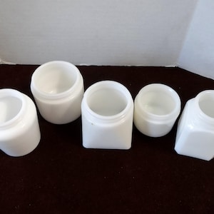 1950-1960s Milk Glass Cosmetic Jars, Set of 5, NO Content or Lids, Instant Collection, Vintage Cosmetics, Vanity Decor, Upcycle Glassware