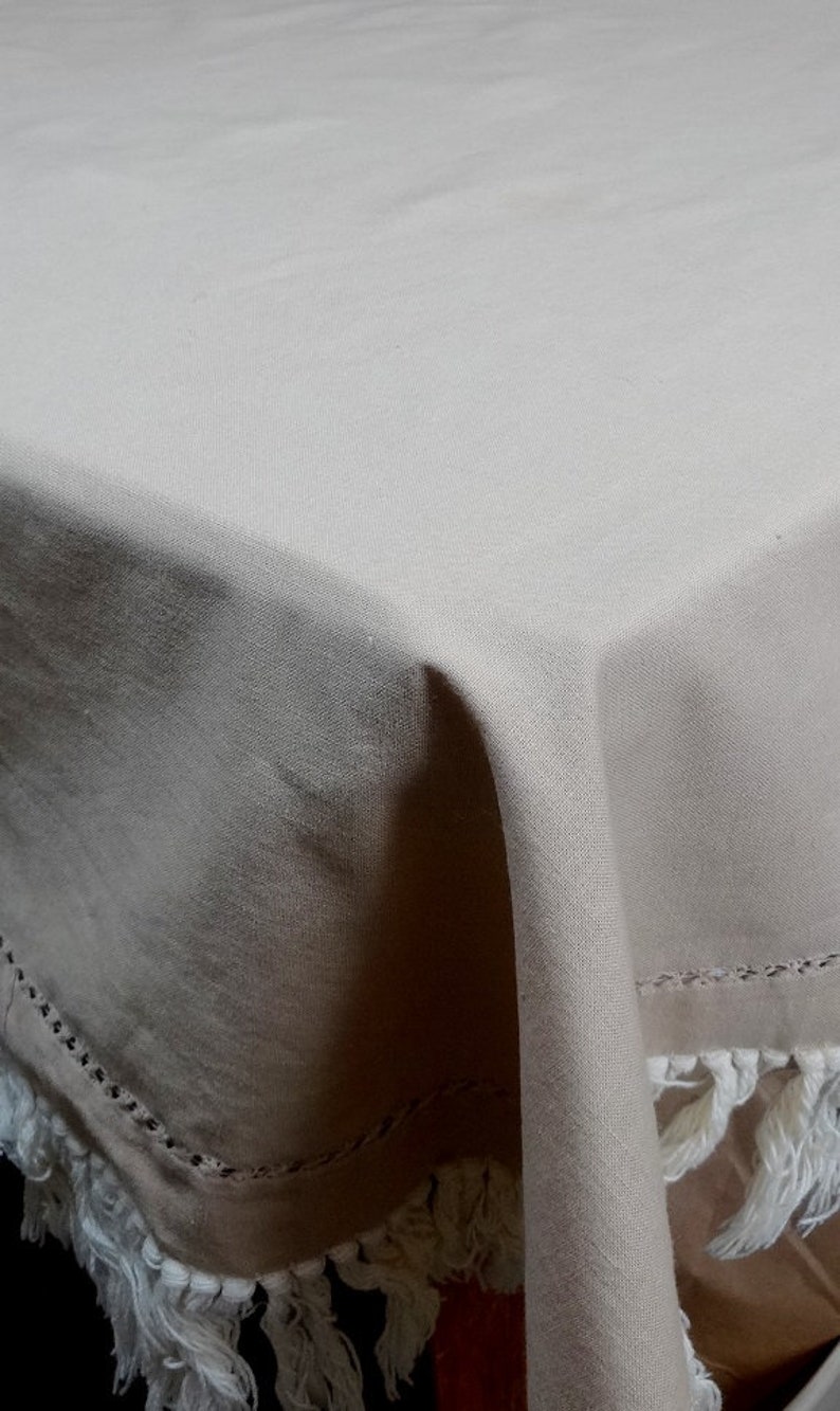 Vintage Dining Linens Textiles Cotton 1980s Tan Tablecloth with Ivory Knotted Fringe /& Drawn Work 54 Inches Square