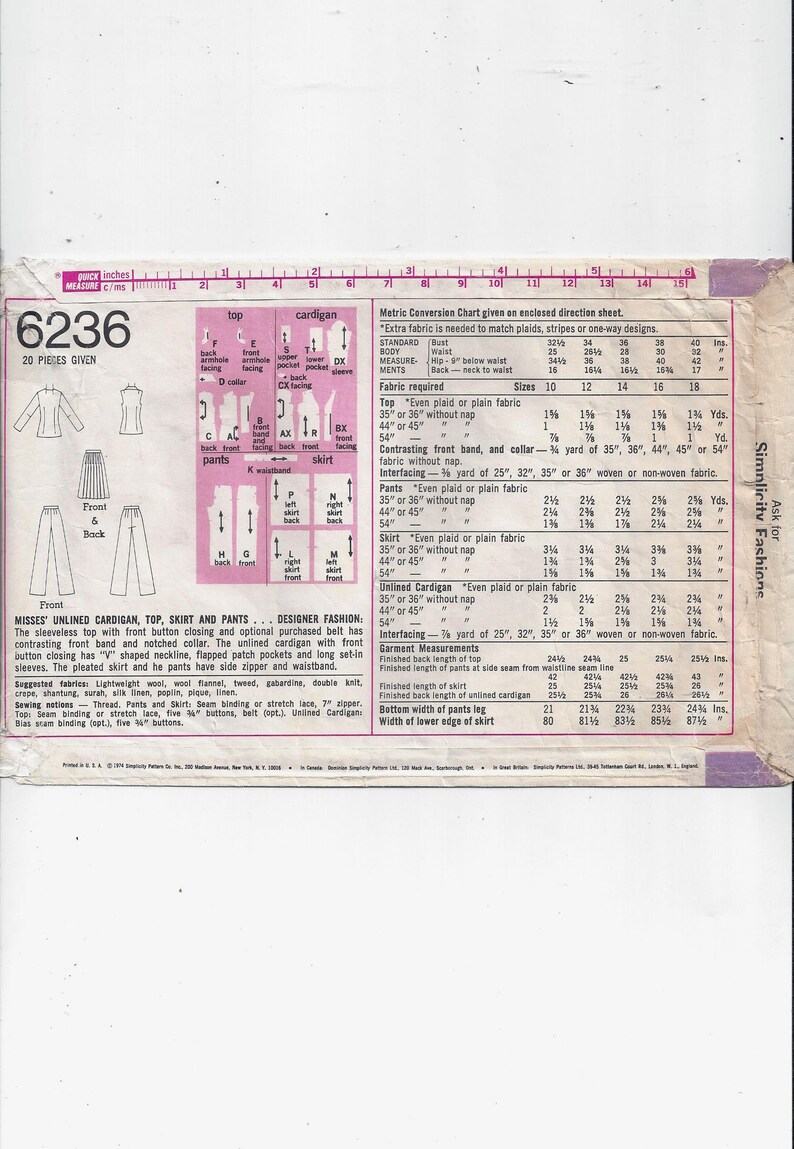 Home Sewing Fashion From 1974 Top Size 10 Free Shipping to USA Skirt Designer Fashion Simplicity 6236 Pattern for Misses/' Cardigan