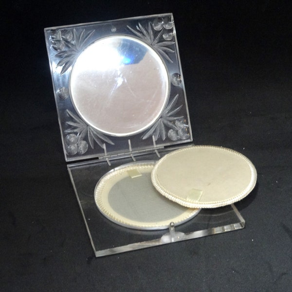 Poudre compacte de lucite sculptée transparente des années 50, non utilisée, paravent, moustiquaire et sac en tissu, 10 x 10 cm, miroir extérieur et intérieur, maquillage