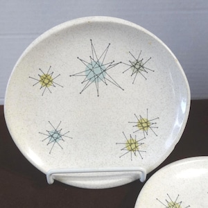 2 Franciscan Ware Starburst-brooddessertborden met CHIPS, atomair ontwerp, moderne gerechten uit het midden van de eeuw, aardewerk gemaakt in de VS upcycle dineren