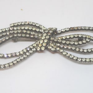 1950s Bow Shape Rhinestone Brooch Pin in Silver Tone, 3.25 Inches Long, Vintage Costume and Fashion Jewelry, Upcycle Fashion