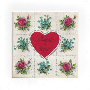 Tarjeta de felicitación vintage de San Valentín de los años 50 y 60, saludos estadounidenses, firmada, efímera, rosas, 14 de febrero, amor, doble pliegue, purpurina, reciclada