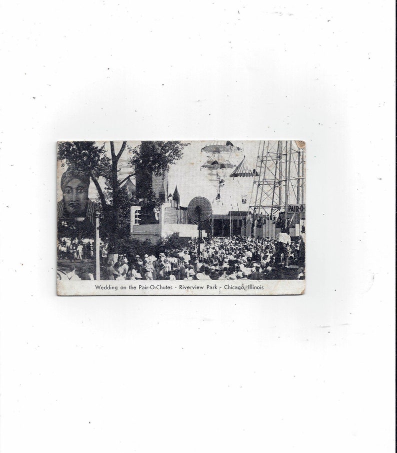 Message Illinois FREE Shipping to USA Posted with 2 Cent Stamp 1943 Postcard of Pair-O-Chutes Wedding Souvenir Chicago Riverview Park