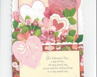 1989 Greeting Card Valentine, Large Floral Die Cut & Embossed, Standup Foldout Type with Strawberries, Hallmark, Vintage Ephemera