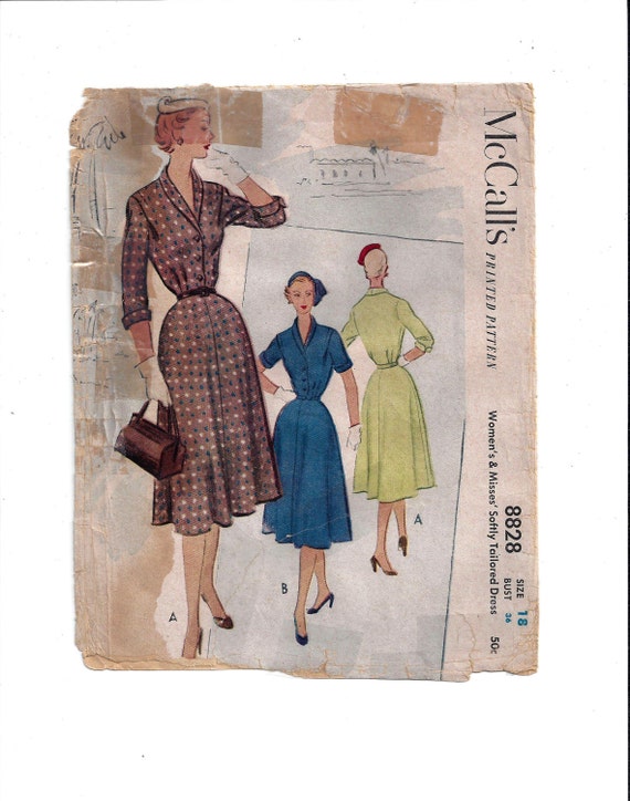 McCall's 8828 Pattern for Misses' Belted Dress, Plus Size 18, from 1952, Vintage Pattern, Home Sewing Pattern, 1952 Fashion Sewing