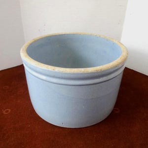 Antique French Blue Stoneware Crock, 4 5/8 Inch Tall, 7.5 Inch Diameter, Country Kitchen, Upcycle, Chips at Bottom, 1 Hairline Crack Inside
