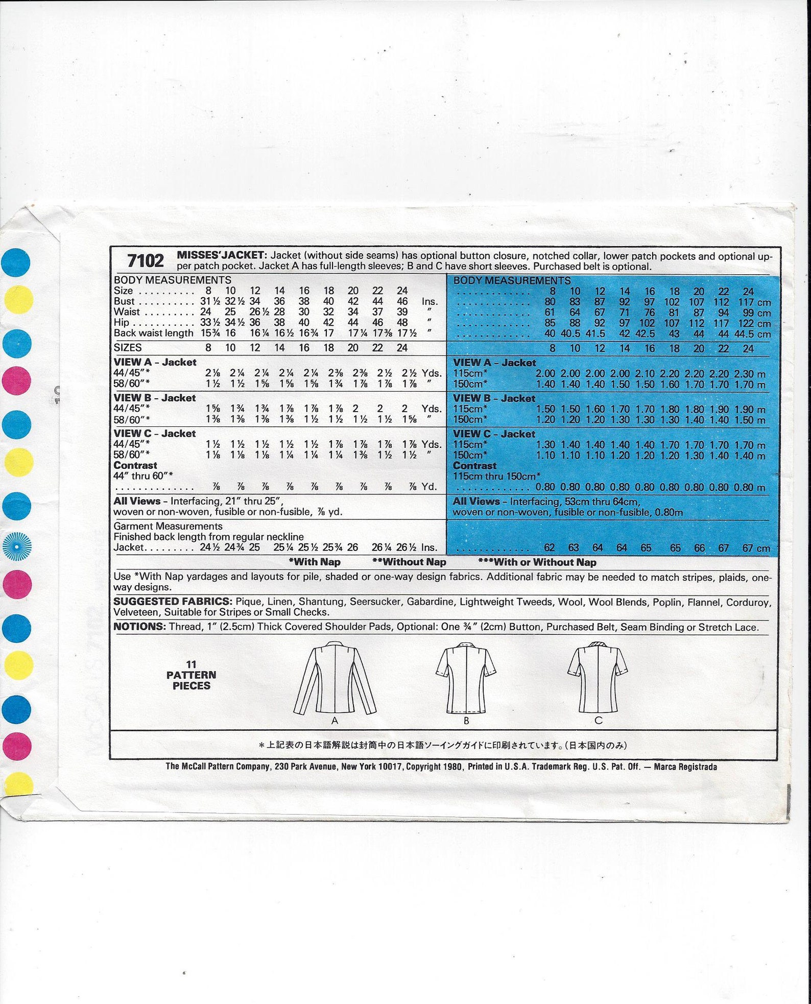 Simplicity 7102 Pattern Mccall's 7102 Pattern for Misses' Blazer Jacket in 3 Versions, Size 12 ...