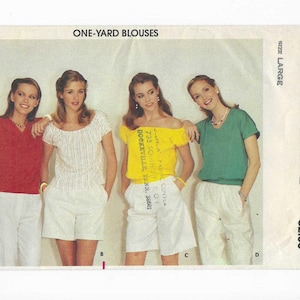 May include: Vintage Butterick sewing pattern envelope featuring four women modeling different blouse styles. The blouses are red, white striped, yellow, and green. The envelope reads "ONE-YARD BLOUSES" and "BUTTERICK 3768".