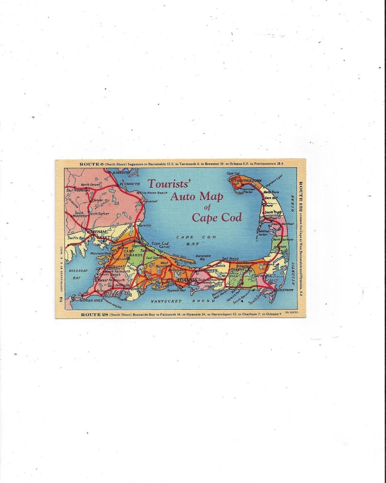 1940s Linen Postcard of Tourists/' Auto Map of Cape Cod Massachusetts Routes 6 Unposted 132 FREE USA Ship 28 Travel Souvenir