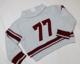 Child's No. 77 Sweater, Size 24 Months, Appliqued Letters, Grey with Burgundy Numbers, 100% Acrylic, From 1970s, Vintage Children's Clothing