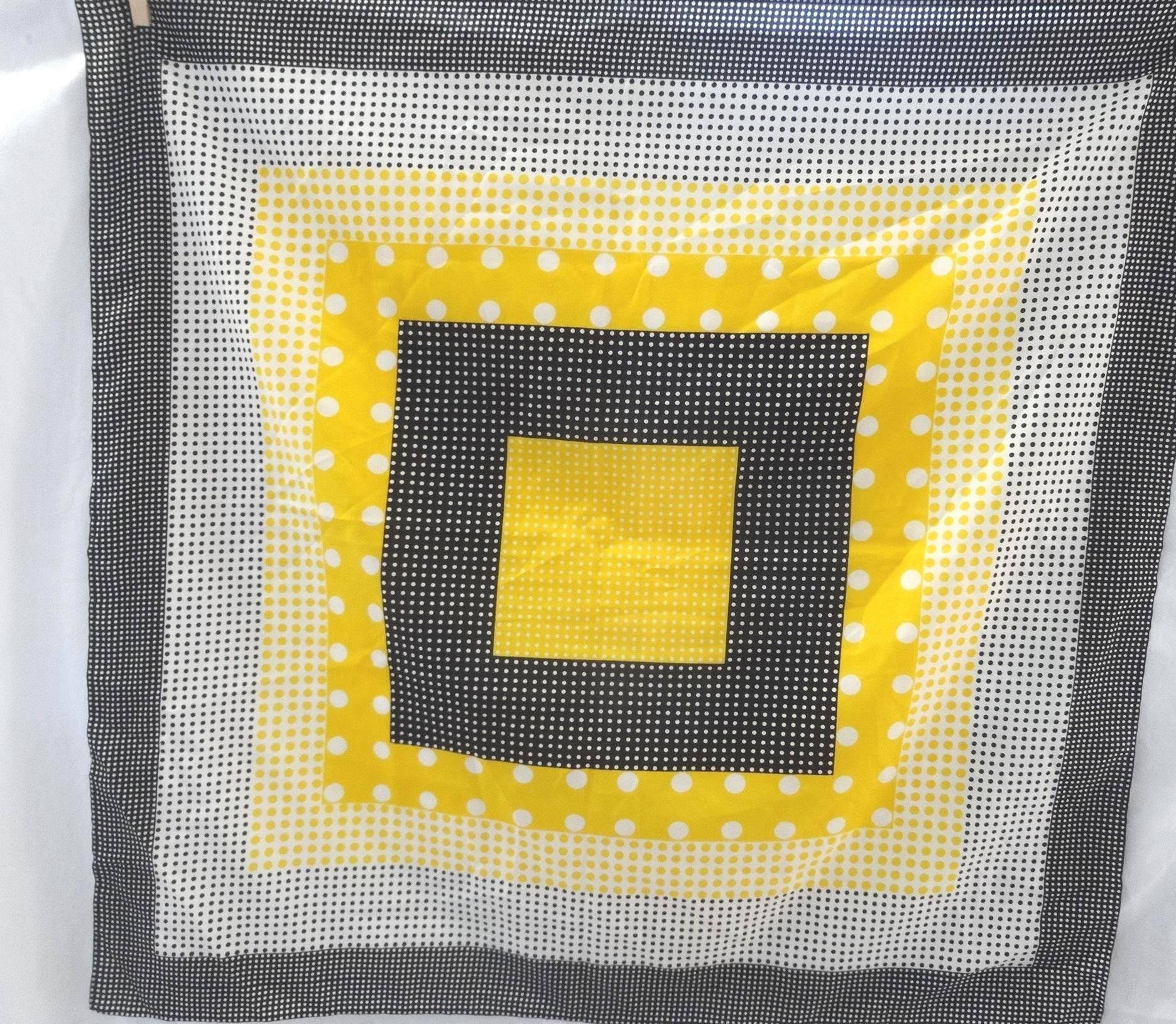 Vintage Polka Dot Scarf in Black, White, & Yellow, 26 X 28 Inches