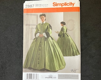 Simplicity 2887 Costume Pattern for Misses' Dress, Sizes 8 10 12 14, Factory FOLDED, UnCUT, Designs by Kay Gnagey, Museum Curator