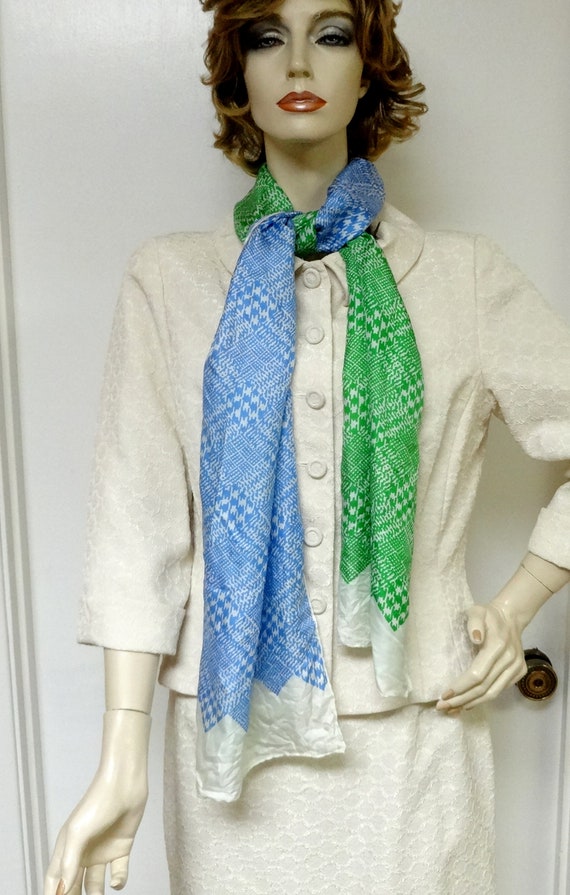 1950s-60s Glentex Silk Tie Scarf in Blue and Gree… - image 2