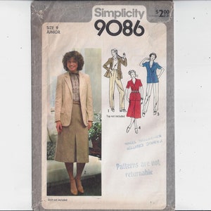 May include: Simplicity sewing pattern number 9086 for a junior size skirt and jacket. The pattern shows three different styles of outfits, including a red skirt and jacket, a blue jacket and pants, and a beige jacket and skirt.