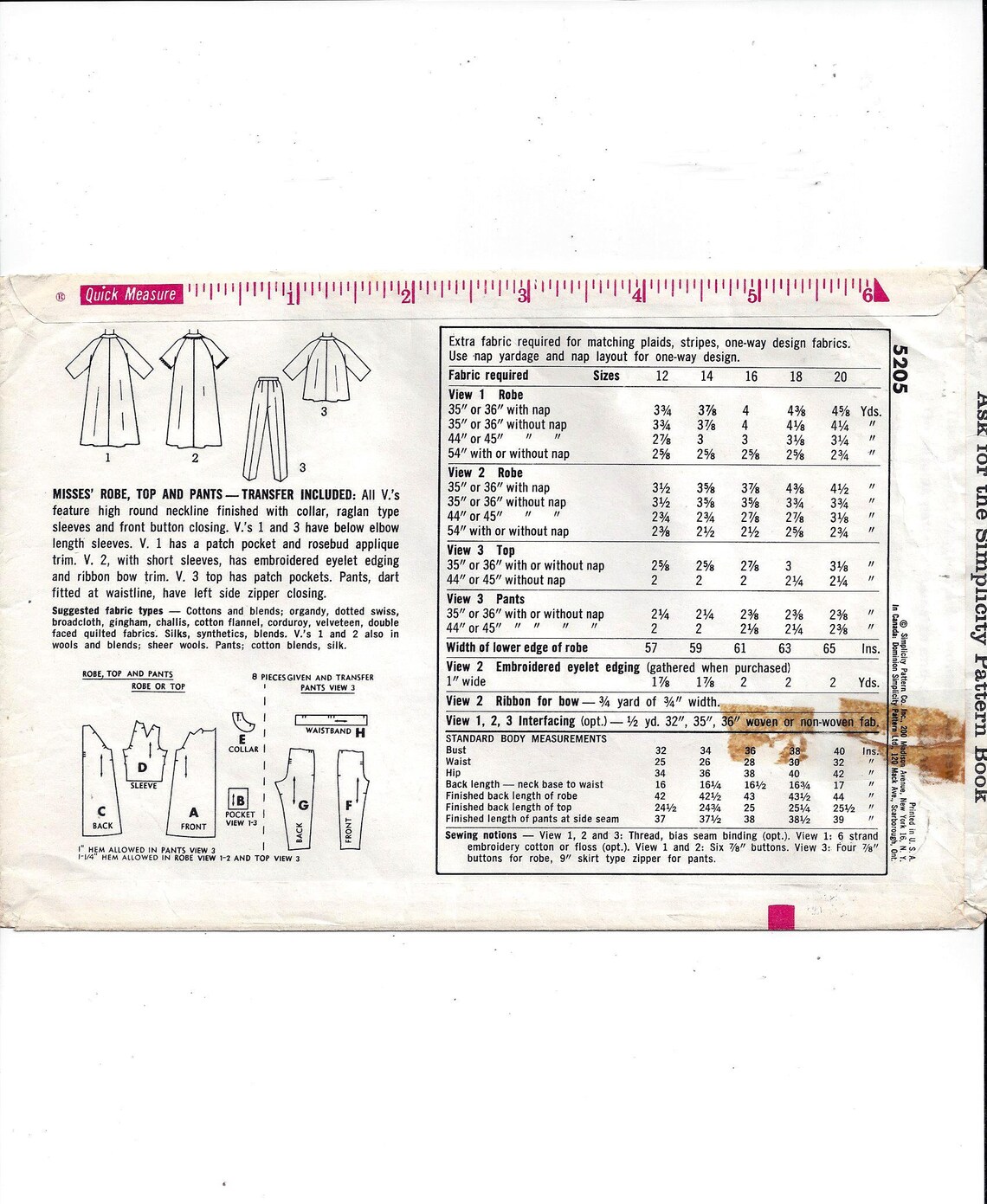 Simplicity 5205 Pattern for Miss Front Button Robe & Pajama Top, Pants ...