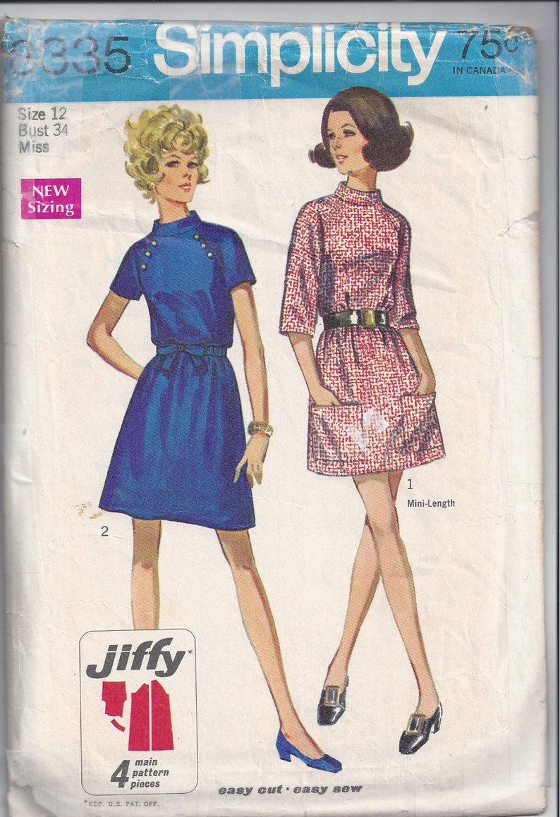 Simplicity 8335 Pattern for Misses' Jiffy Dress in 2 Lengths, Size 12, From 1969, Home Sewing Pattern, Vintage Pattern, 1969 Fashion Sewing image 1