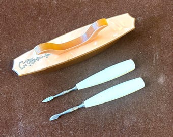 Vintage Celluloid Nail Buffer & 2 German Manicure Tools, Mismatched Set, Upcycle Vanity Accessories