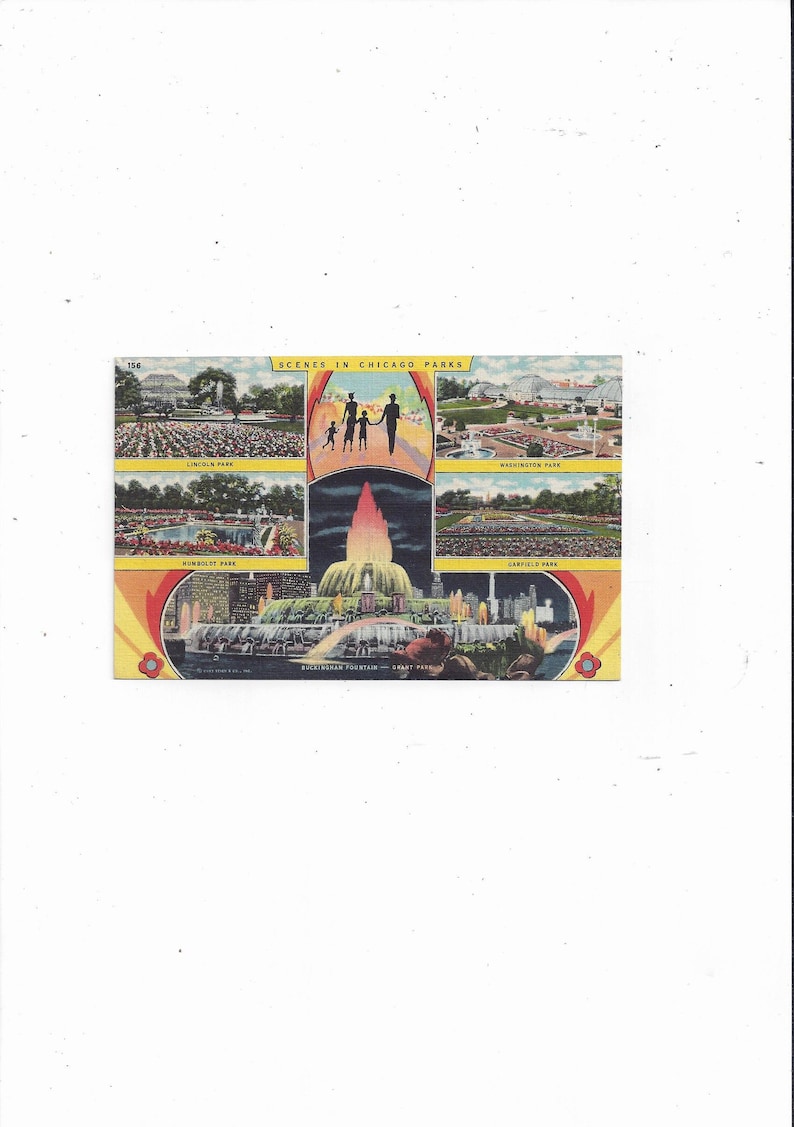 Carte postale en lin des années 1940 des parcs de Chicago, Illinois, non postée, buckingham fountain, Lincoln, Humboldt, souvenir de voyage image 1