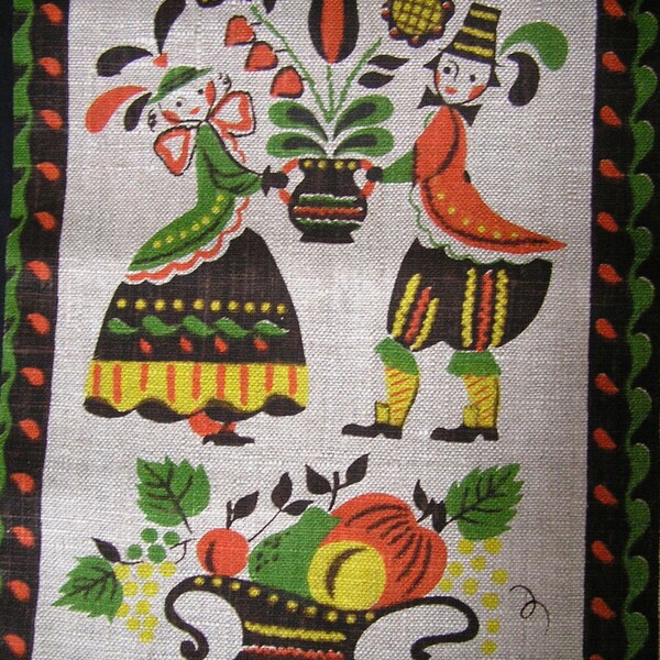 Linen Parisian Prints Kitchen Towel in Pretty Oranges, Yellows, Browns, Greens - Circa 1960s