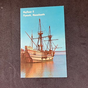 1972 Pocztówka przedstawiająca statek Mayflower II, replika oryginału, Plymouth, Massachusetts, niewysłana, pamiątka z podróży, historyczna łódź