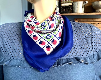 Vintage Strawberry Scarf with Pink, Green, Blue, 21" Square, Upcycle Fashion Accessory