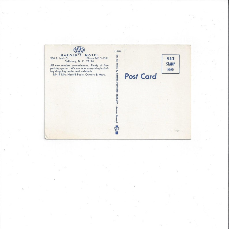 May include: A vintage postcard featuring a blue and white illustration of a motel with the text "Harold's Motel" and the AAA logo. The postcard also includes the motel's address, phone number, and a message about the motel's amenities.