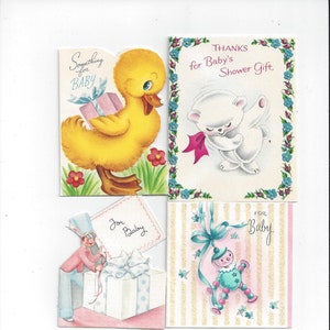 4 kleine jaren 1940 baby cadeau wenskaarten, door Gibson, Fairfield, Norcross, Made in USA, Duck, Bear, Scrapbooking, Upcycle Supply