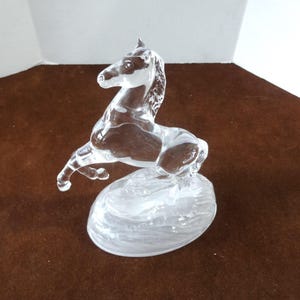 Vintage Solid Glass Stallion Horse Statue, 6 3/8 Inches Tall, On Frosted Base, May Be Cristal D'Arques, Paperweight, Desk Ornament Gift