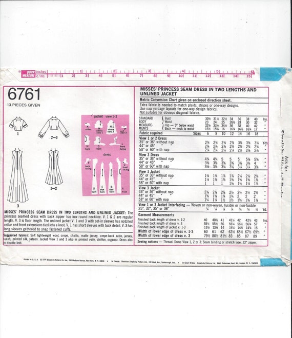 Simplicity 6761 Pattern for Misses' Lined, Princess Seamed Dress, Unlined  Jacket, Size 18, From 1974, Vintage Pattern, Home Sewing Pattern -   Canada